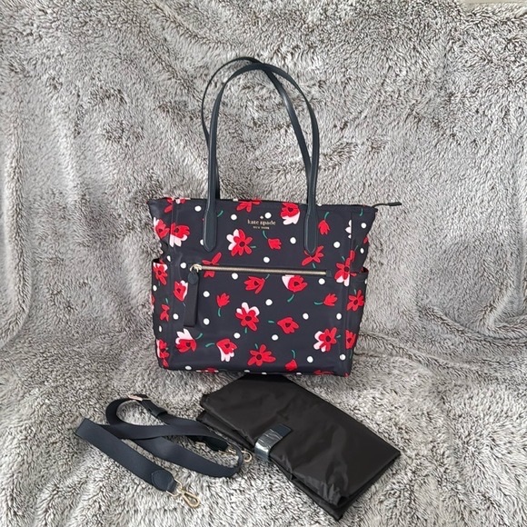 kate spade Handbags - Kate Spade Diaper Bag Red Flowers Chelsea Whimsy Floral Baby Bag Navy Blue NWOT